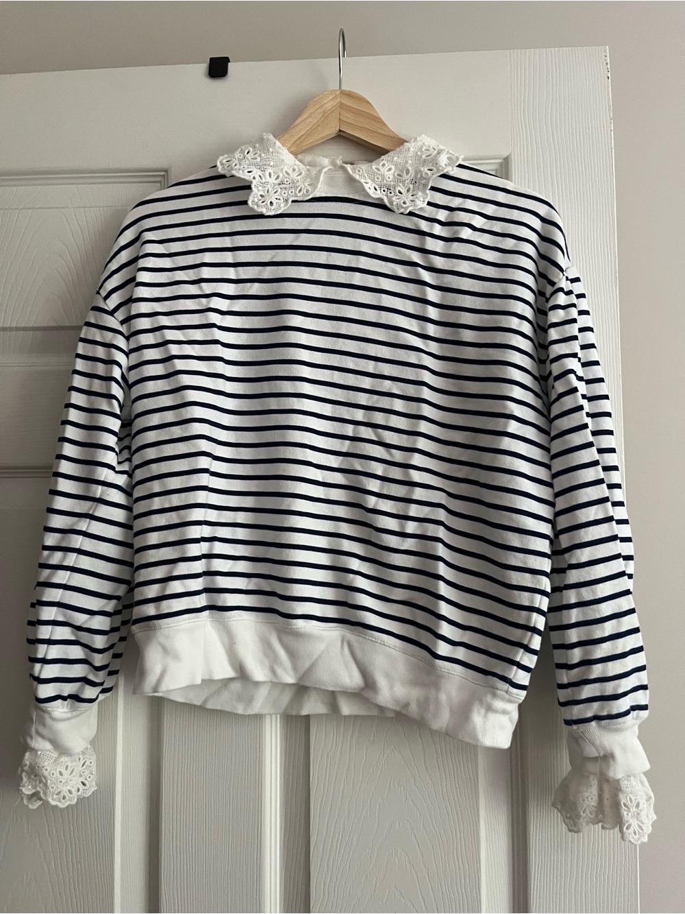 J. Crew White and Navy Striped Sweatshirt with Lace Collar